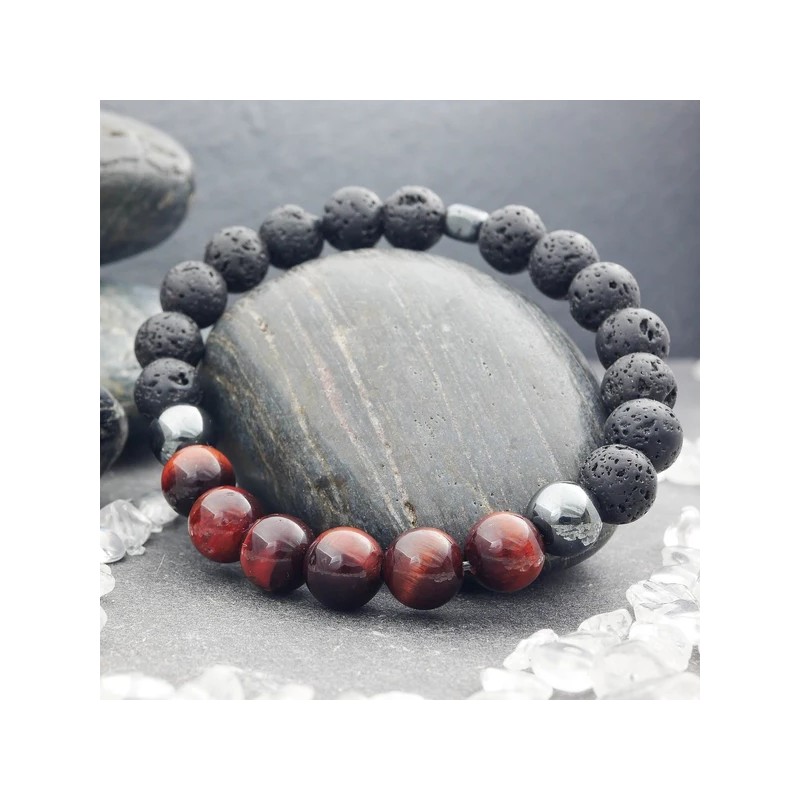 Bracelet Pierres Naturelles en Pierre de Lave, Hématite et Oeil de Tau