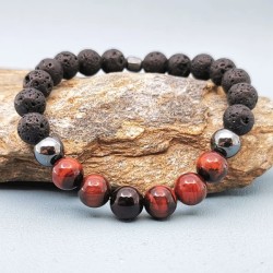 Bracelet Pierres Naturelles en Pierre de Lave, Hématite et Oeil de Tau
